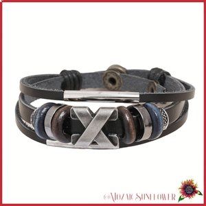 Black Leather Stainless Steel Leather Malachite Wood Beads Snap Closure Bracelet